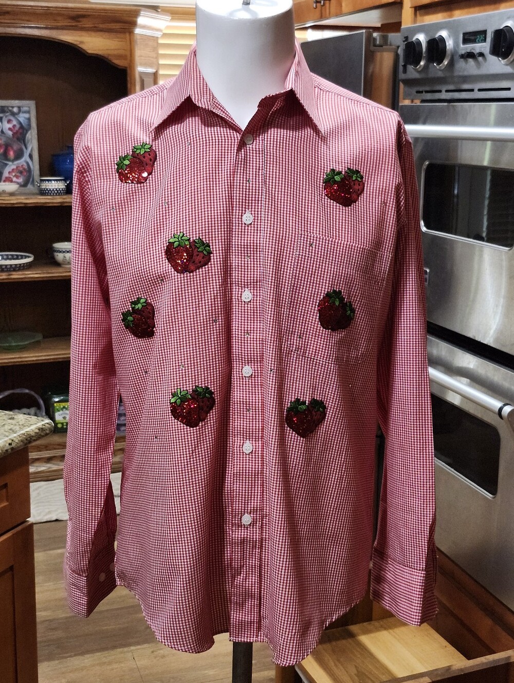 Mili Designs Strawberry And Rhinestone Decorative Button Up Longsleeve - Size S